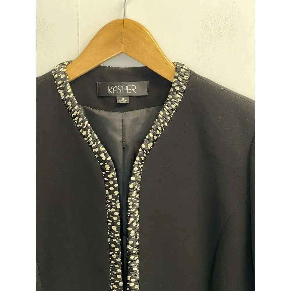 Kasper Black Business Jacket Sz 8 Polka dot Trim Blazer Open Front Lined Pockets